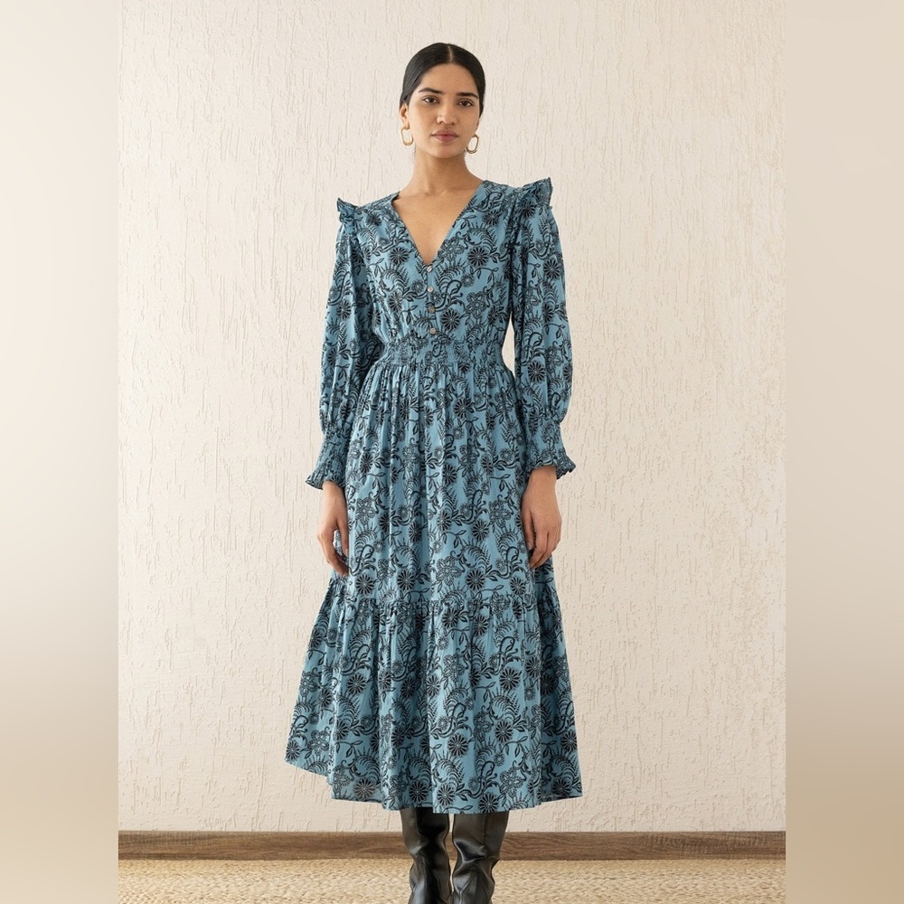 NWT Banjanan Bristol Pearl Midi Dress Women's XL Turquoise Pockets Long Sleeve